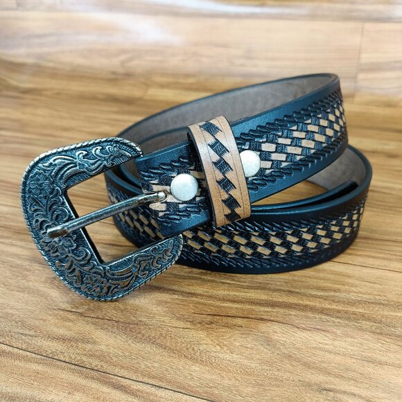 Western Leather Belt | Beautiful Hand-Tooled Basketweave Belt, Gift for Unisex - Picture 4 of 12